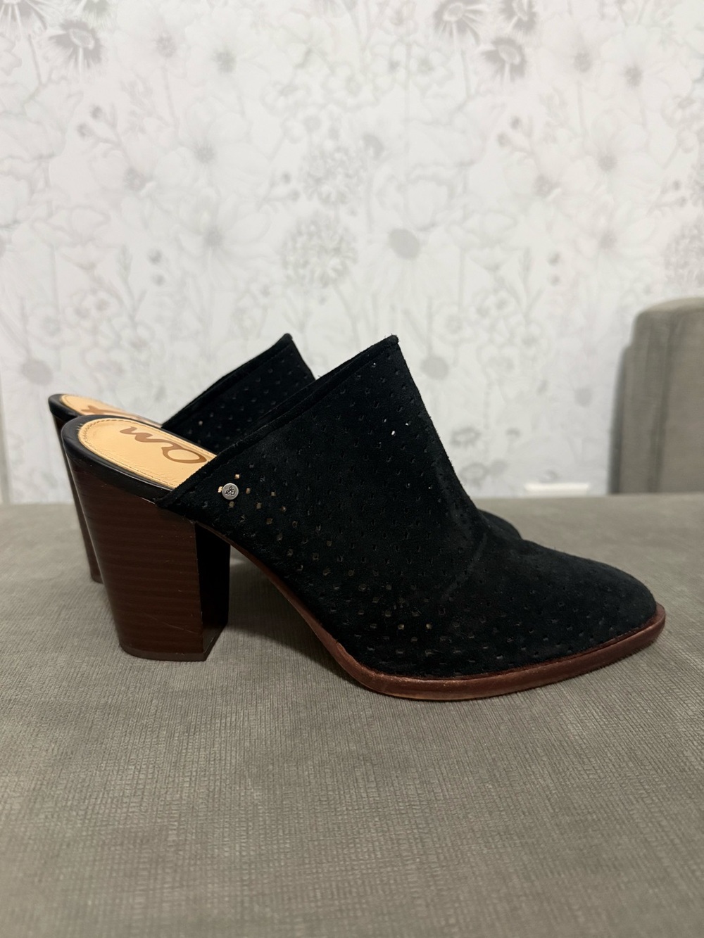 Sam Edelman Bates Black Suede Perforated Block Heel Mules - Size 9